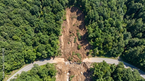Aerial View of a Brown Landslide Scar Cutting Down a Forested Hillside Showing Natural Disaster