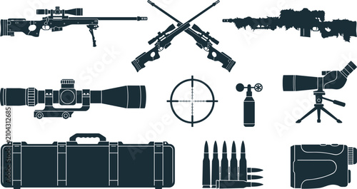 Canvas Print Military Sniper Rifle and Long Range Precision Shooting Silhouette Icon Set with