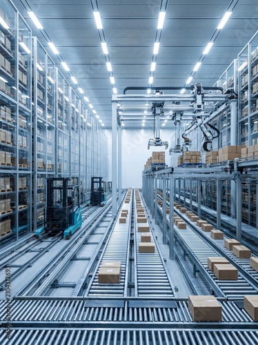 An automated warehouse with conveyors, robots, and forklifts in a modern logistics center