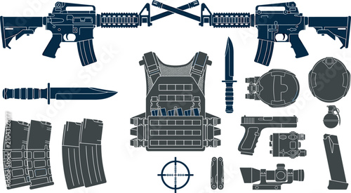 Quadro su tela Military Tactical Combat Gear and Weapon Silhouette Icon Set Featuring Assault R
