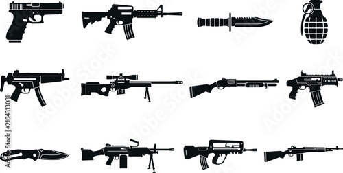 Fotografía Military Weapons and Tactical Combat Gear Solid Silhouette Icon Set Featuring As