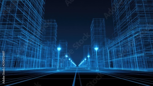 Futuristic digital city street grid with glowing wireframe buildings and lights