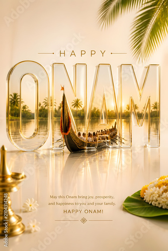 Onam celebration long snake boat beneath glowing sun honoring Kerala traditions illustration background wallpaper