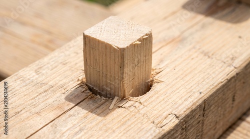 Square Peg in a Round Hole: a Wooden Peg Jammed Partway Into a Too-Small Round Opening
