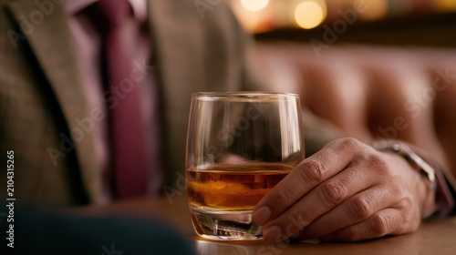 Man in Suit Holding a Glass of Amber Spirit in a Bar