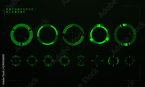 Set Futuristic Circle Element Green Colour or Rounded Science Fiction. Vector Editable