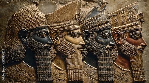 Ancient Mesopotamian stone relief mural depicting a row of four rulers with stylized beards and crowns in profile.