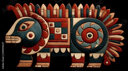 Stylized Indus Valley inspired animal seal artifact pattern with colorful geometric shapes on a black background.