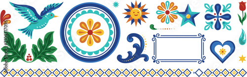 Cuadro en lienzo Traditional Mexican Talavera ceramic tile ornaments set with vibrant folk art fl