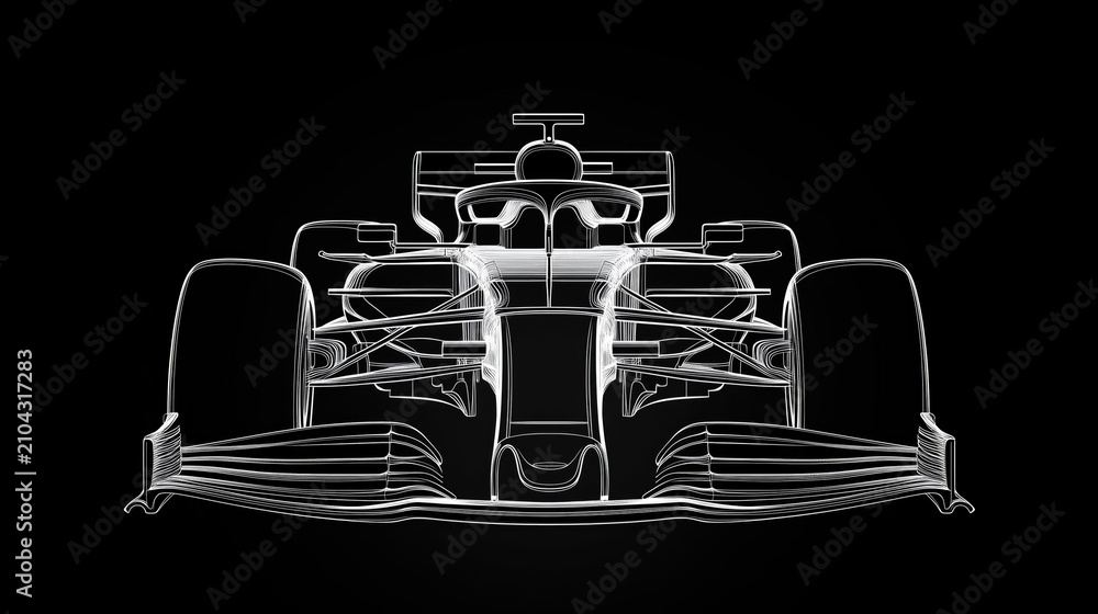 Obraz premium Formula one race car front sketch on dark background with futuristic performance styling