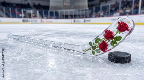 Ice hockey stick made of ice with red roses and puck on an ice rink during a game
