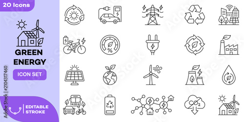 Green Energy Renewable Sustainability Line Icon Set. Editable Stroke Icons. Vector Illustration.