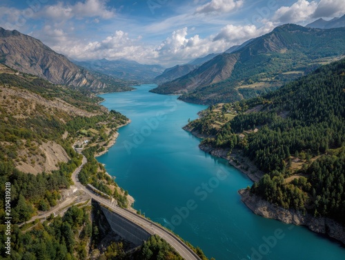 High aerial view of serre-poncon lake dam and alpine mountain scenery with mountain reservoir landscape hydroelectric infrastructure forestry panoramic environment outdoors elevation