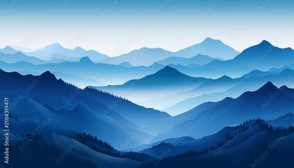 Obraz premium Layered Mountain Range Depicted In Shades Of Blue Creating A Serene Landscape