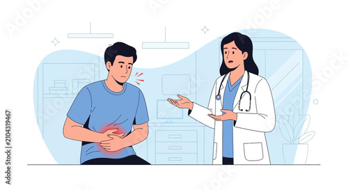 Doctor Consults Patient With Abdominal Pain - Medical Illustration
