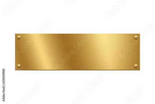 Golden metal plaque with brushed texture and rivets, blank empty brass plate as award, banner, or sign on transparent background