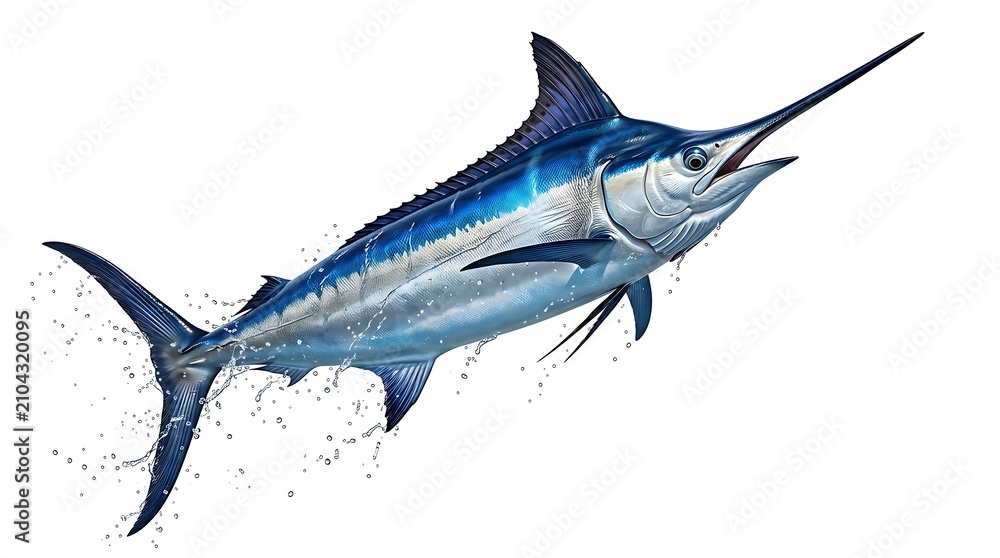 Naklejka premium Jumping Blue Marlin Fish Illustration with Water Splashes Isolated on White Background for Sport Fishing Graphic Design.
