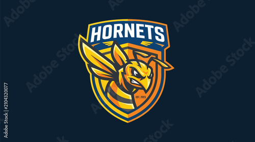 Hornet mascot logo vector illustration featuring a shield emblem design for professional sports team branding identity