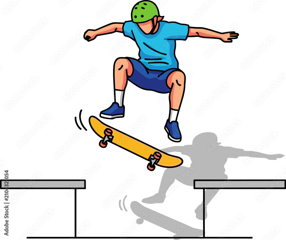 Fototapeta premium Skateboarder jumping over obstacles on skateboard, performing aerial trick.