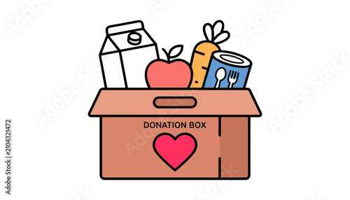 Donation Box with Food Items Including Apple, Milk, and Canned Goods Featuring Heart, Charity, Giving with Help and Support