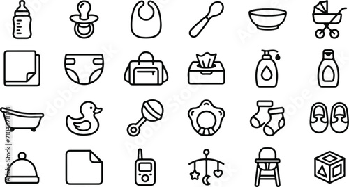 Bild auf Leinwand Baby care and nursery supplies vector icon set with pacifier, stroller