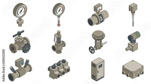 Obraz na płótnie Collection of industrial pressure gauges and valves isolated.