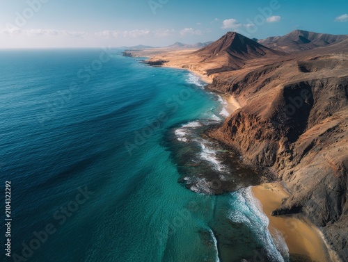 Aerial view of rugged ocean coastline with turquoise water and sandy beach coastline landscape seascape turquoise vacation destination formations sunlight environment pristine dramatic
