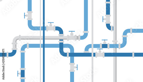 Complex network of blue industrial pipes with shut-off valves arranged neatly against a clean white background.