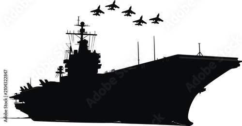 Fotografía Silhouette of an Aircraft Carrier with Fighter Jets Flying in Formation Keywords