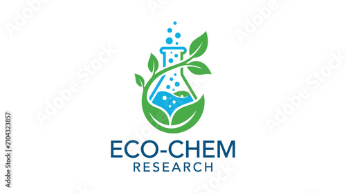 Chemical flask logo vector icon featuring green organic leaves for sustainable science and research company branding