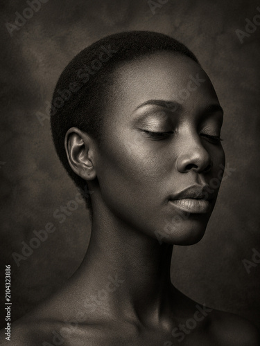 Elegant Monochrome Portrait of a Black Woman with Closed Eyes