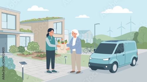 Elderly person receives groceries from delivery person at eco-friendly home
