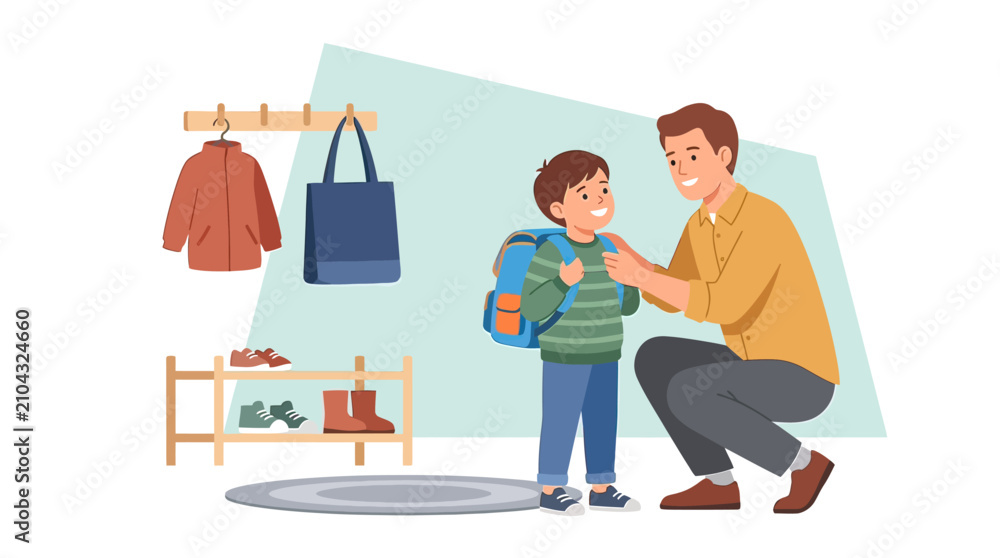 Fototapeta premium Little Child Getting Ready for School in the Morning Putting on Shoes and Backpack Vector Illustration