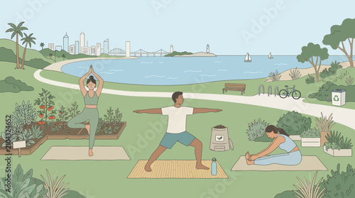 Outdoor Yoga in Park with City Skyline and Water View