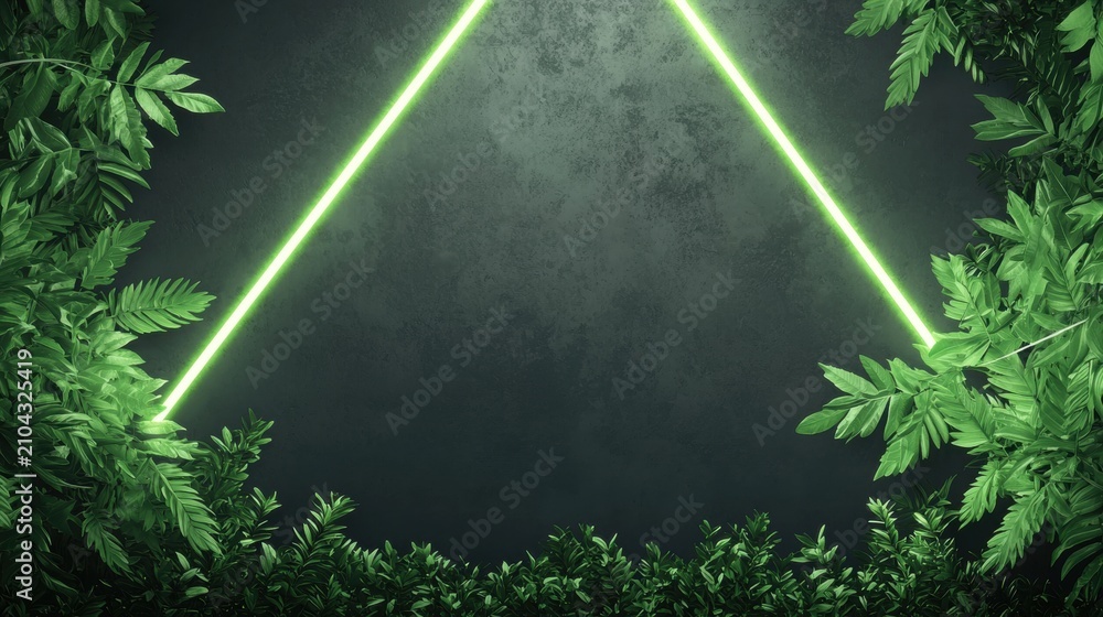 Obraz premium Neon Light Border with Jungle Foliage Triangular neon border in vibrant green enclosing a dark background with cascading jungle vines and exotic leaves, creating a dynamic, tropical design.