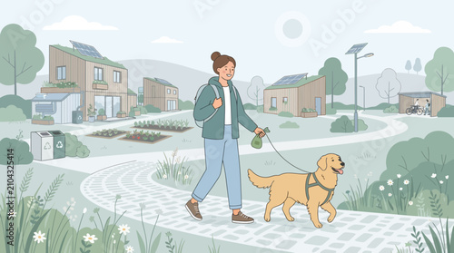Woman walking dog in eco-village with solar powered homes and gardens