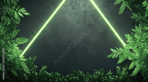 Neon Light Border with Jungle Foliage Triangular neon border in vibrant green enclosing a dark background with cascading jungle vines and exotic leaves, creating a dynamic, tropical design.