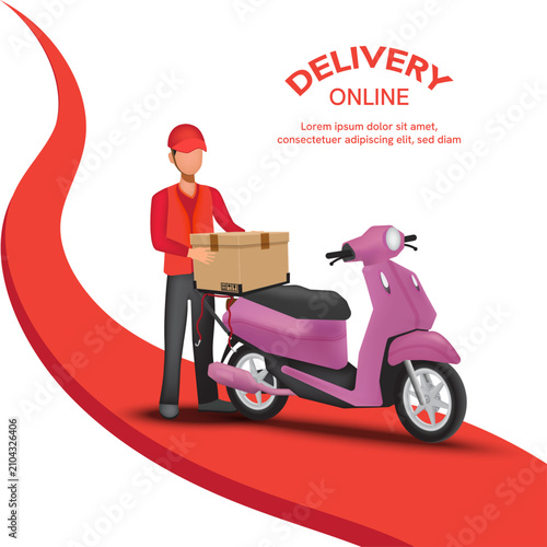Delivery rider on pink motorcycle arriving at the destination and taking a package from the delivery box to deliver to the customer. Modern flat vector illustration isolated on a white background.