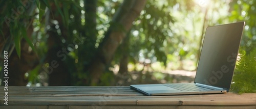 Open modern laptop resting on weathered wood tabletop