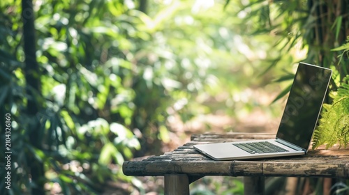 Close up of slim laptop on textured wood desk surface