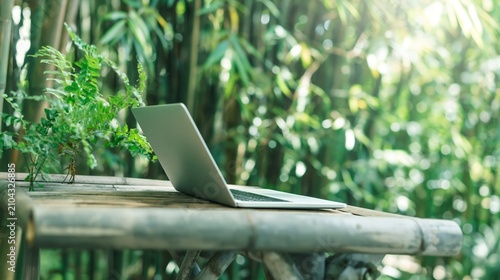 Stylish laptop keyboard and screen on wooden work table