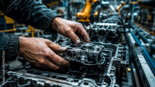 Obraz na płótnie Worker hands assembling engine component on automated assembly line in automotiv