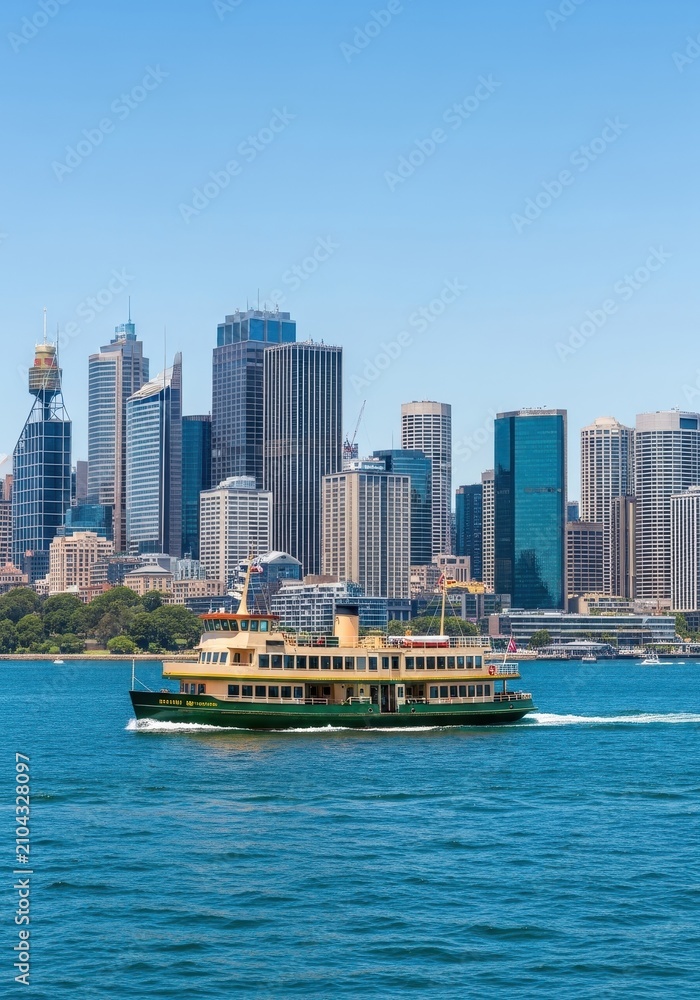 Naklejka premium Sydney Ferry Crossing the Harbour with Modern City Skyline Skyscrapers in the Background, Australia