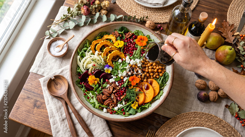 Colorful autumn salad with spiralized vegetables, roasted chickpeas, squash, greens, nuts, seeds, and edible flowers on wooden dining table with festive decor