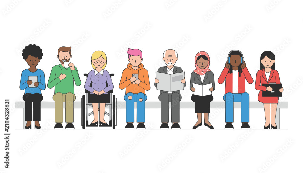 Obraz premium Diverse group of people in casual attire sitting together on a long bench holding books, tablet, phone, and coffee.