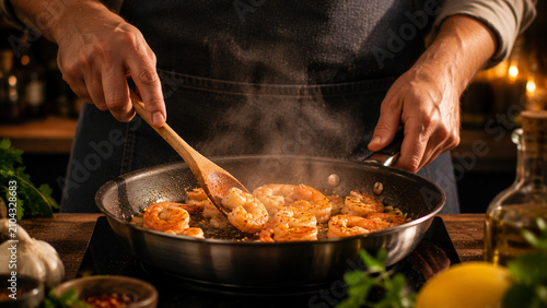 Tableau sur toile Chef stirring fresh shrimp in hot frying pan with wooden spoon