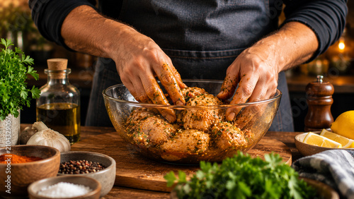 Fotografía Chef marinating raw chicken pieces with herbs and spices in glass bowl