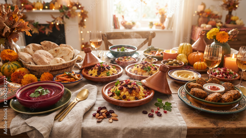 Fototapeta premium Tagine pots and assorted small plates create an inviting banquet for a group dinner during the autumn season.