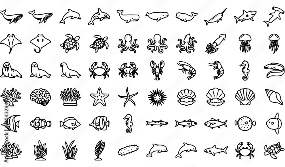 Fototapeta premium Ocean Marine Animal Outline Icons Vector Collection with Sea Creature Symbols