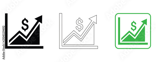 Financial growth icons black outline and green versions representing revenue increase and profitability